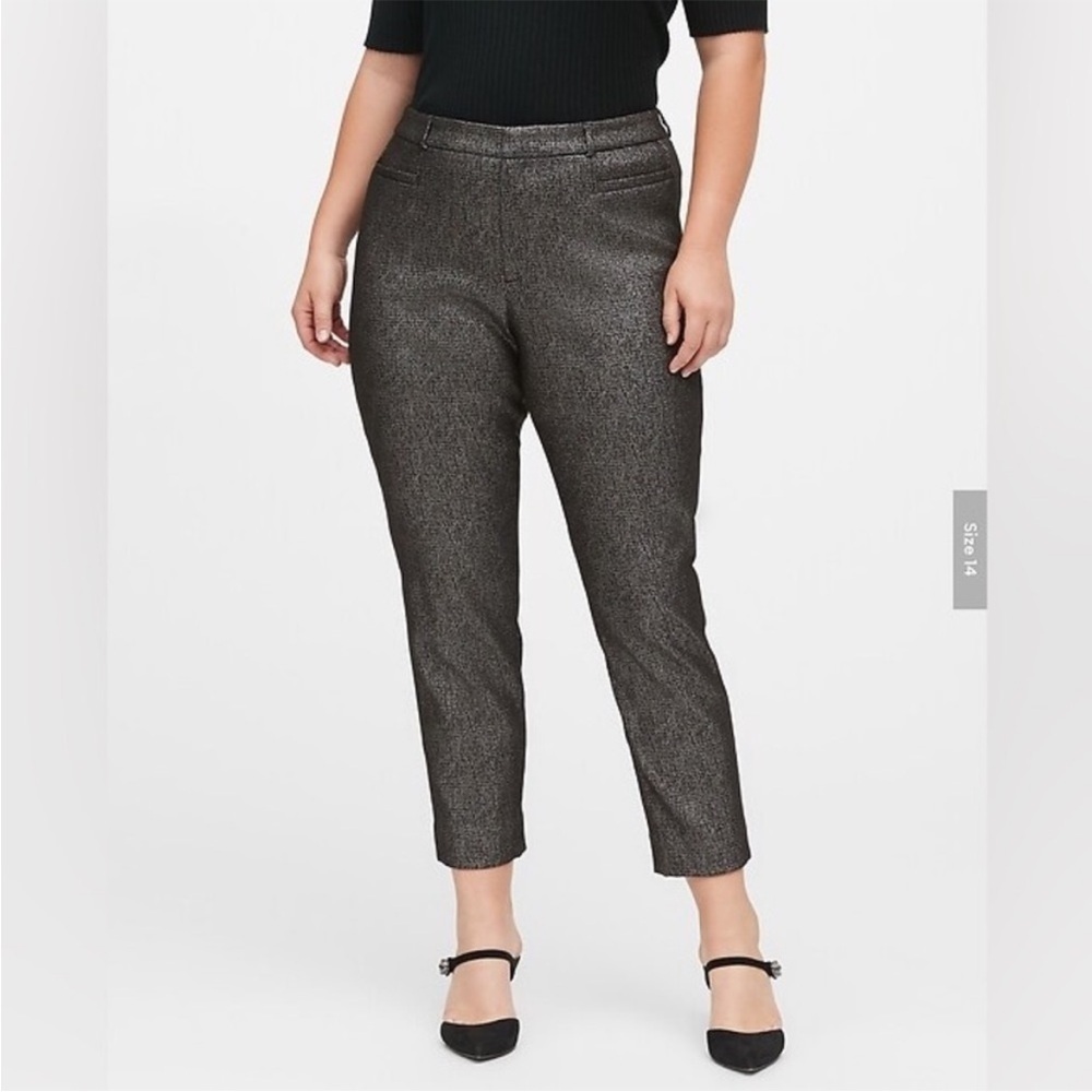 Banana Republic Sloan Curvy Fit Metallic Black & Silver Micro Plaid Pants 6